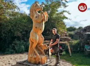 ببینید| ساخت مجسمه چوبی یک اسب در اندازه واقعی و با اره برقی