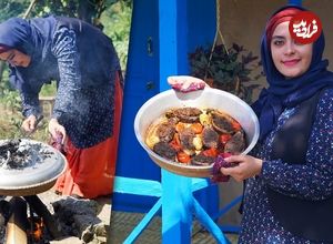 ببینید؛ غذای روستایی در ایران؛ پخت دلمه بادمجان کبابی روی آتش در جنگل