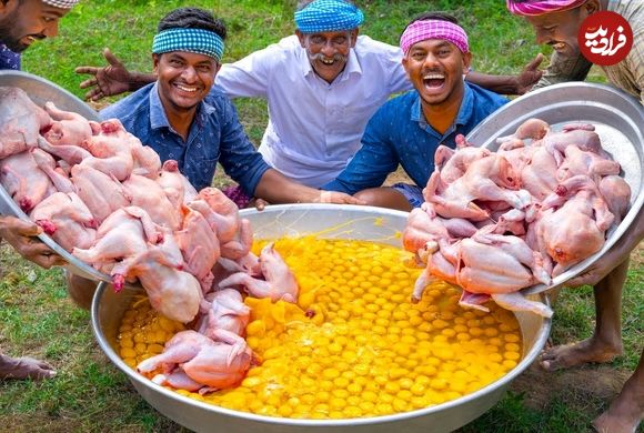 ببینید؛ غذای روستایی در هند؛ پخت املت با مرغ توسط پدر و پسران روستایی در طبیعت 