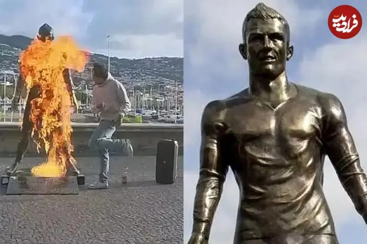 ببینید| لحظه عجیب آتش‌زدن مجسمه کریستیانو رونالدو در شهر زادگاهش