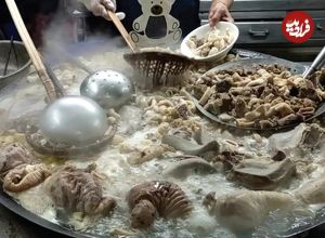 (ویدئو) غذای خیابانی؛ طبخ سیراب شیردان، دل و جگر و گوشت گاو به سبک آشپز تایوانی