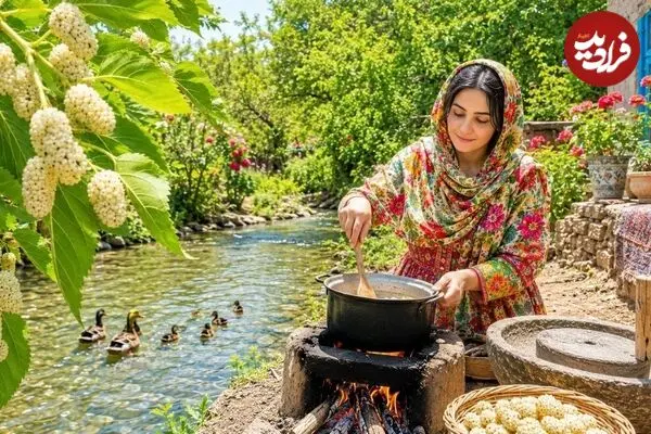 ببینید| غذای روستایی در ایران؛ برداشت توت سفید از درخت و تهیه کیک با آن