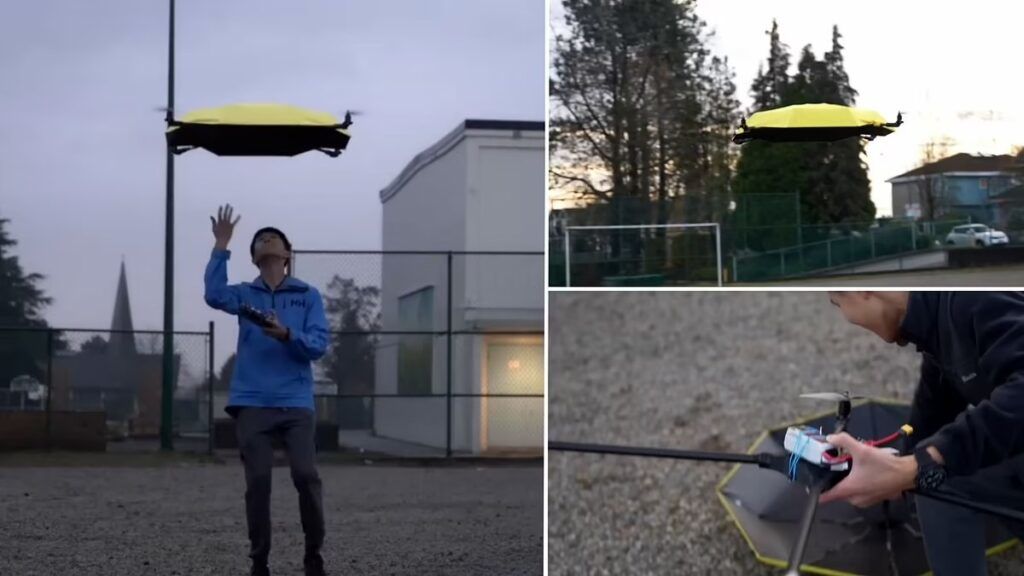 (ویدئو) یک مخترع چتر پرنده‌ای ساخته است که در باران بالای سر صاحبش پرواز می‌کند