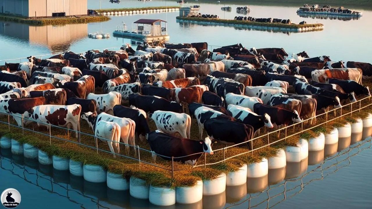 (ویدئو) فرآیند تماشایی پرورش صدها گاو در یک گاوداری بزرگ اروپایی روی آب