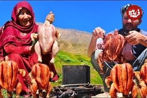 ببینید؛ غذای روستایی در افغانستان؛ کباب مرغ طعم دار شده