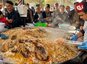 ببینید؛ غذای خیابانی در ازبکستان؛ پخت یک تن سمرقند پلو با گوشت در نمانگان 