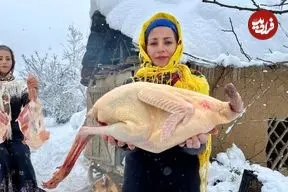 ببینید| غذای روستایی در ایران؛ پخت غذاهای سنتی با بوقلمون و مرغ در هوای برفی