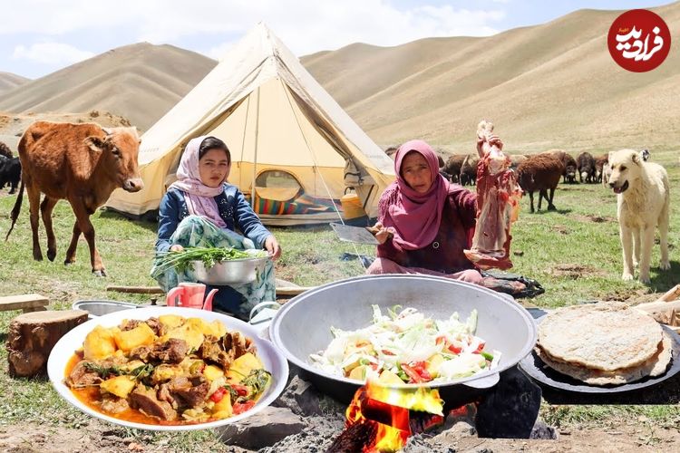 ببینید؛ غذای روستایی در افغانستان؛ پخت یک آبگوشت محلی و نان تازه در طبیعت