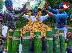 ببینید| غذای روستایی در هند؛ پخت بریانی با گوشت گوسفند در بامبو