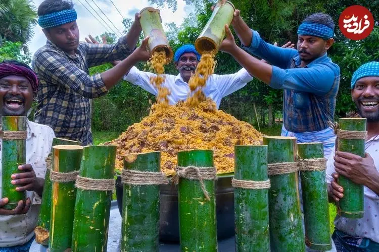 ببینید| غذای روستایی در هند؛ پخت بریانی با گوشت گوسفند در بامبو
