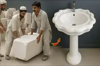 ببینید؛ مراحل دیدنی تبدیل سنگ خام معدنی به روشویی توسط سنگ تراش ماهر پاکستانی