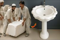 ببینید؛ مراحل دیدنی تبدیل سنگ خام معدنی به روشویی توسط سنگ تراش ماهر پاکستانی