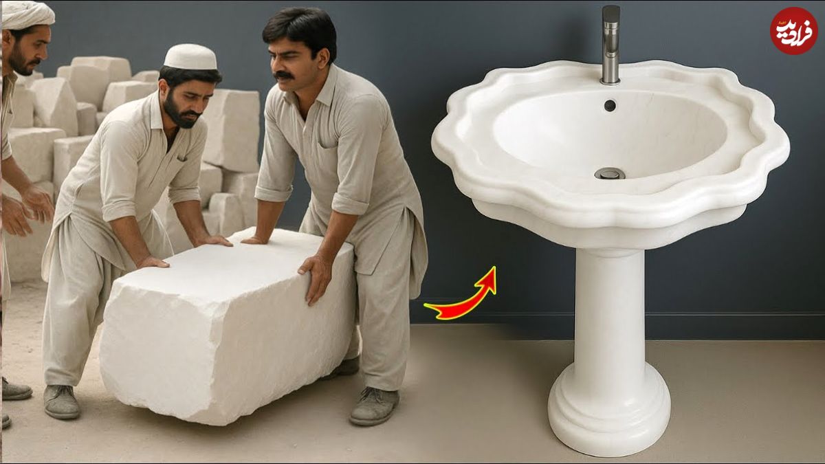 ببینید؛ مراحل دیدنی تبدیل سنگ خام معدنی به روشویی توسط سنگ تراش ماهر پاکستانی