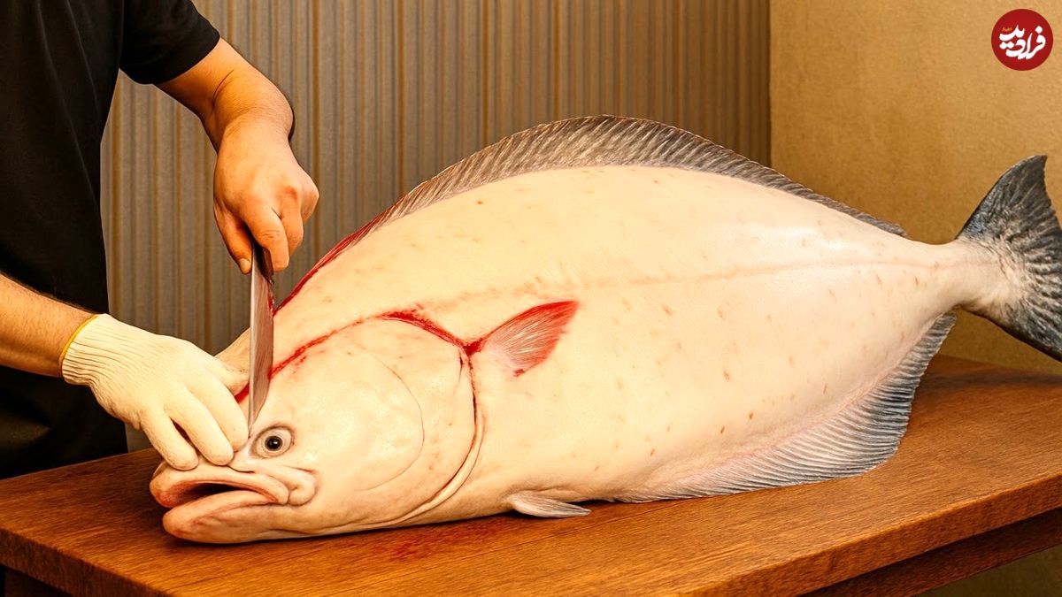 ببینید؛ غذای خیابانی در ژاپن؛ برش ماهرانه ماهی هلیبوت و تهیه ساشیمی با آن در توکیو
