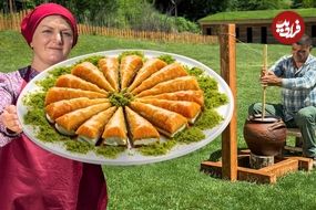 ببینید؛ غذای روستایی در آذربایجان؛ پخت باقلوای سنتی با مغز پسته در طبیعت