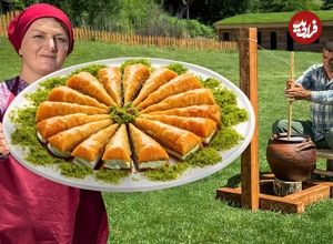 ببینید؛ غذای روستایی در آذربایجان؛ پخت باقلوای سنتی با مغز پسته در طبیعت