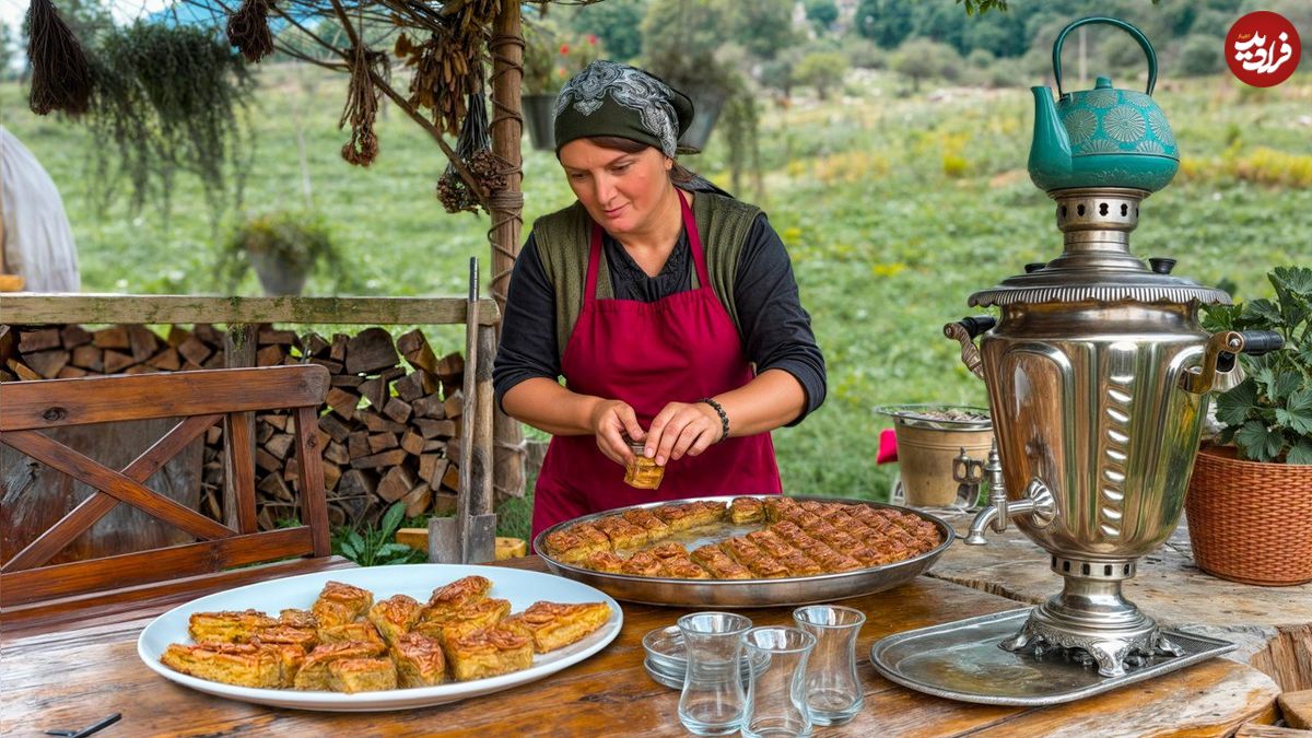 ببینید؛ غذای روستایی در آذربایجان؛ برداشت گردو و تهیه باقلوا با آن و تهیه مربای تمشک