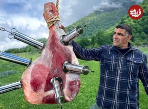 ببینید؛ غذای روستایی در آذربایجان؛ کباب کردن ران گوساله در تنور گلی