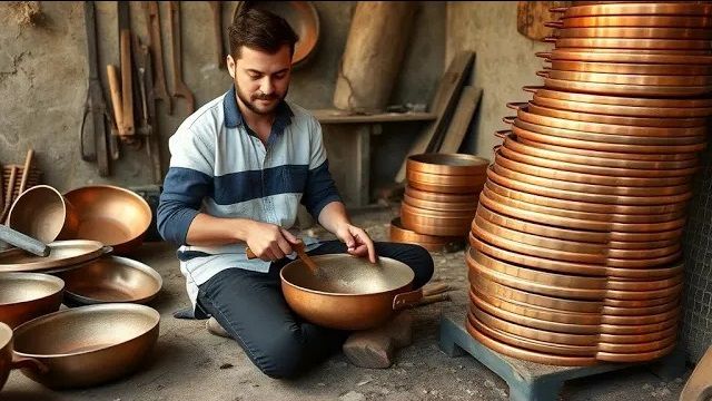 (ویدئو) فرآیند ساخت تابه مسی به روش دیدنی هنرمند ایرانی