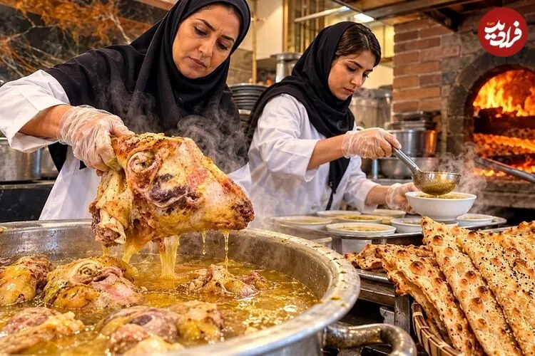 ببینید| غذای خیابانی در ایران؛ مراحل دیدنی طبخ کله پاچه همراه با پخت نان سنگک در مشهد