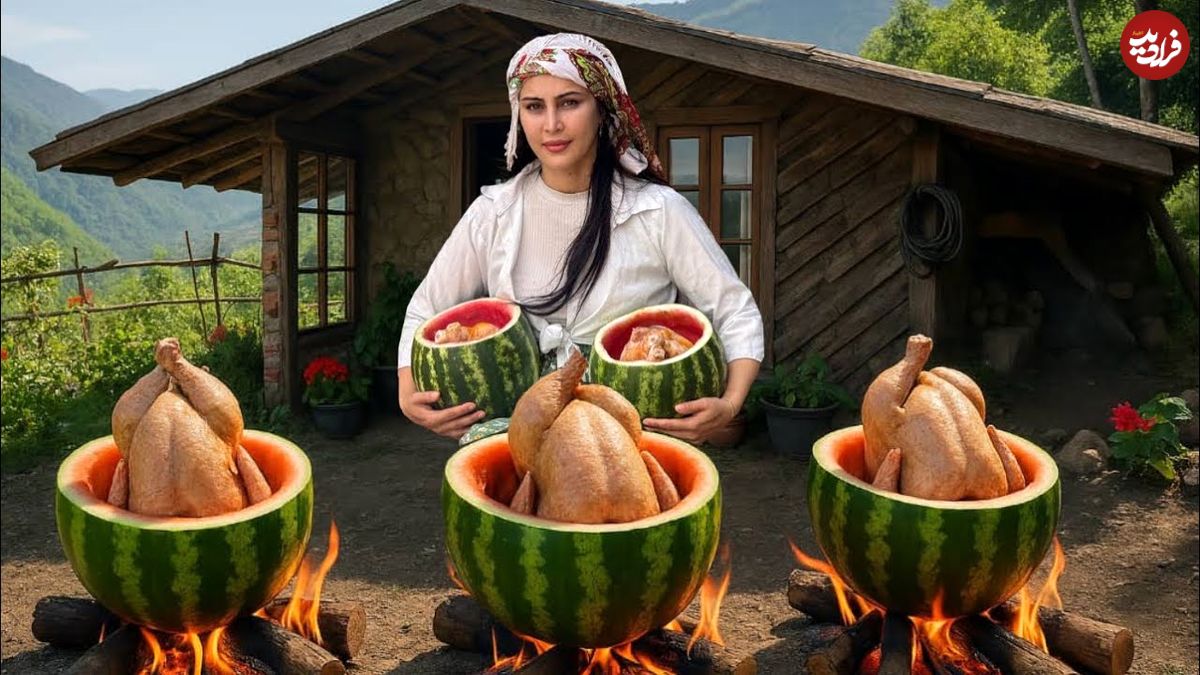 ببینید؛ غذای روستایی در گیلان؛ پخت مرغ داخل هندوانه رو زیبای روستا