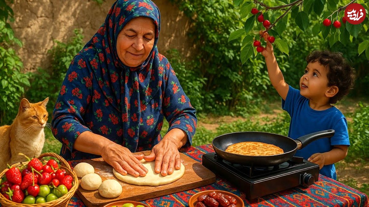 ببینید؛ غذای روستایی در ایران؛ پخت نان سنتی خرمایی