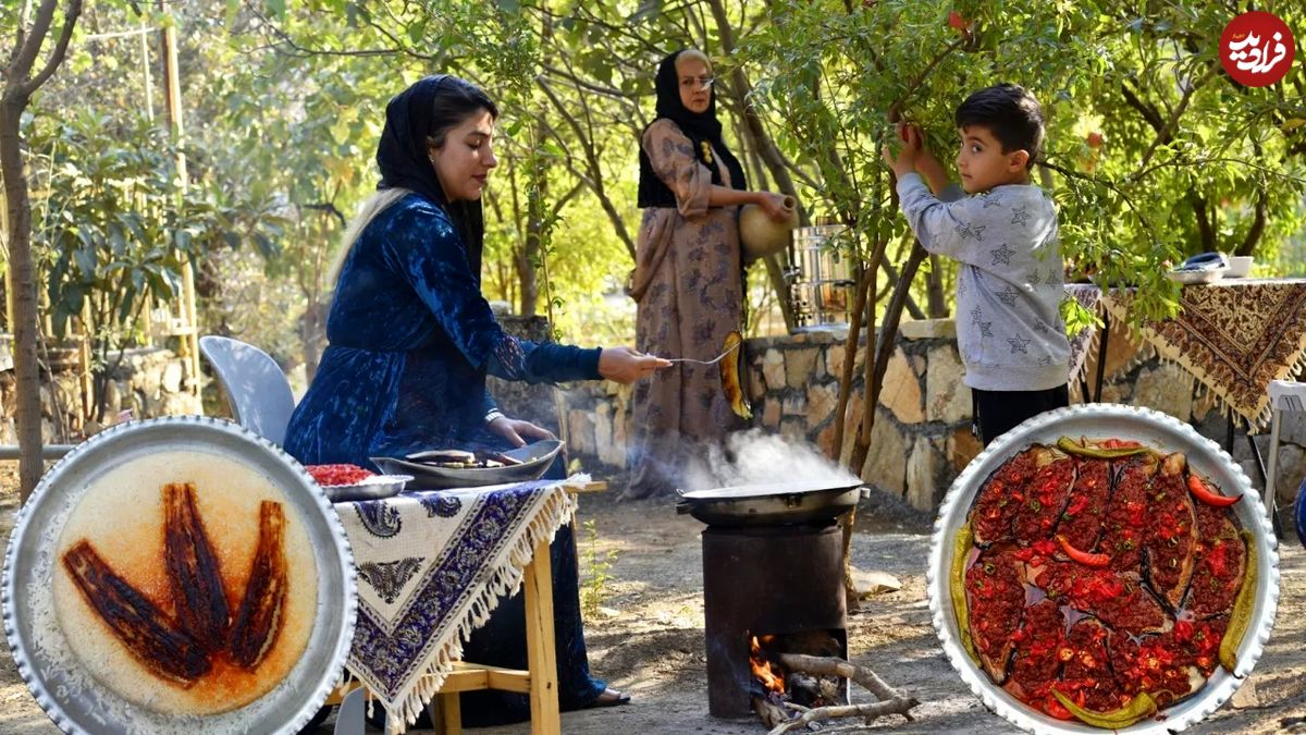 (ویدئو) پخت یک غذا با گوشت چرخ کرده و بادمجان توسط خانواده روستایی کردستانی