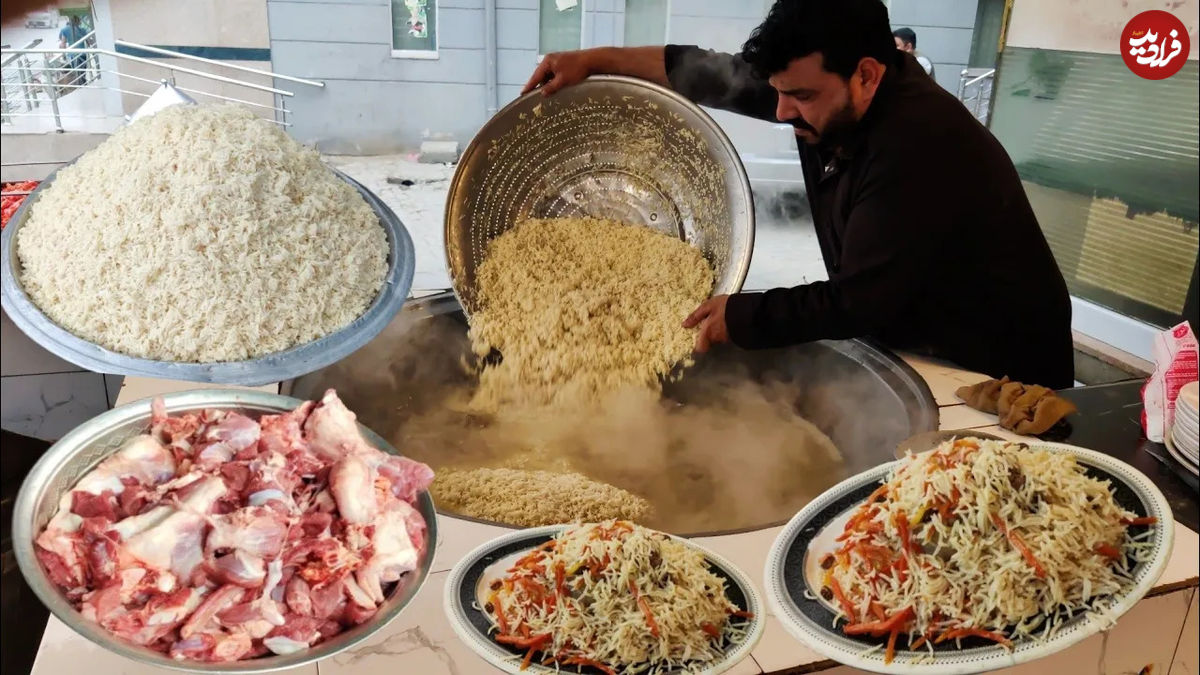 (ویدئو) غذای خیابانی در افغانستان؛ پخت 95 کیلوگرم کابلی پلو با گوشت