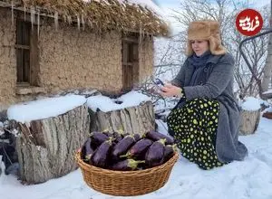 ببینید| غذای روستایی در ایران؛ پخت کشک بادمجان سنتی در هوای برفی