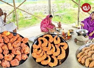 ببینید؛ غذای روستایی در هند؛ تهیه پاکورای مرغ و میگو