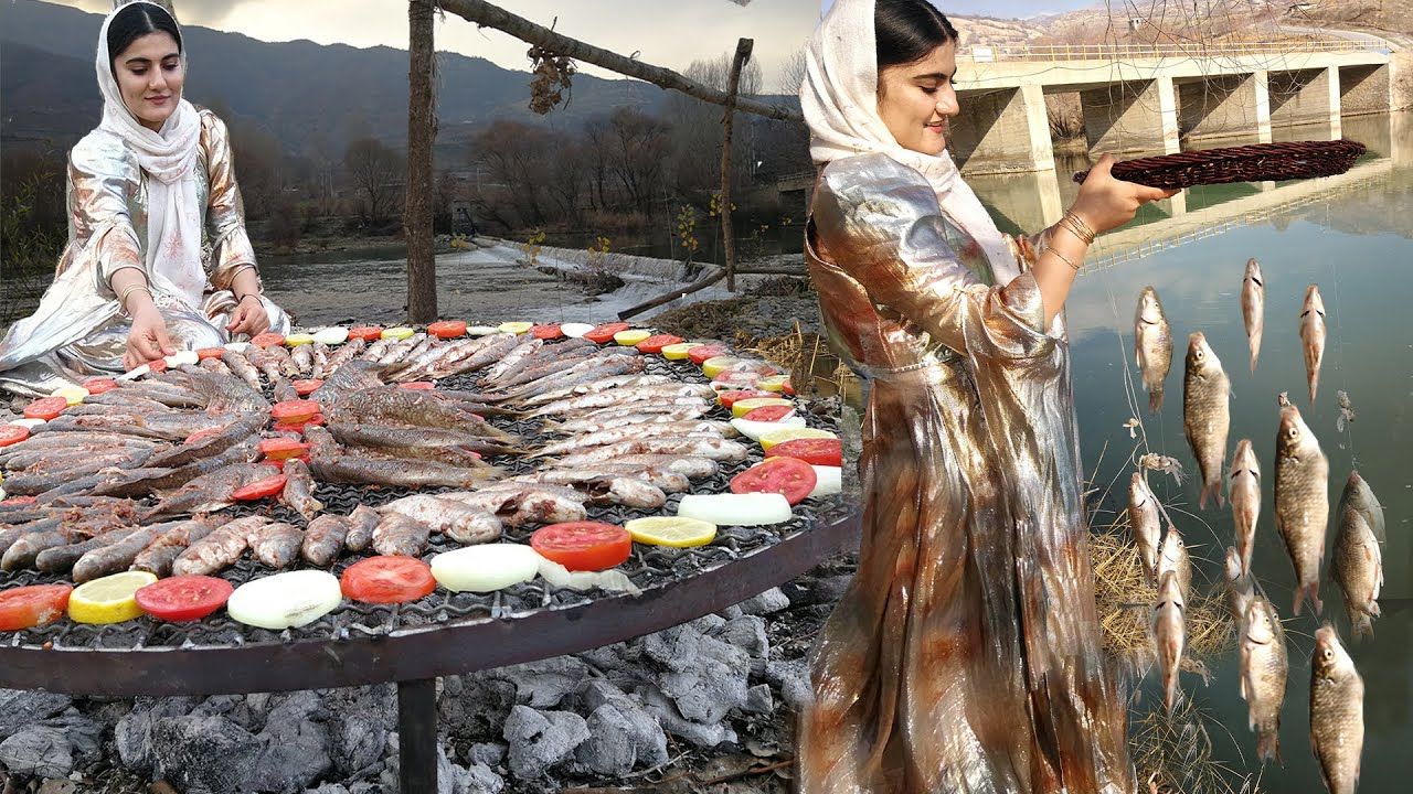(ویدئو) صید ماهی و کباب کردن آن ها به روش مصر باستان توسط دختر جوان کردستانی