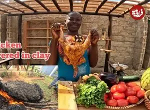 ببینید| غذای روستایی در کنیا؛ کباب مرغ کامل در خاک رس و بادمجان کبابی