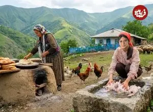 ببینید| غذای روستایی در ایران؛ پخت نان سنتی و مرغ کامل در تنور گِلی