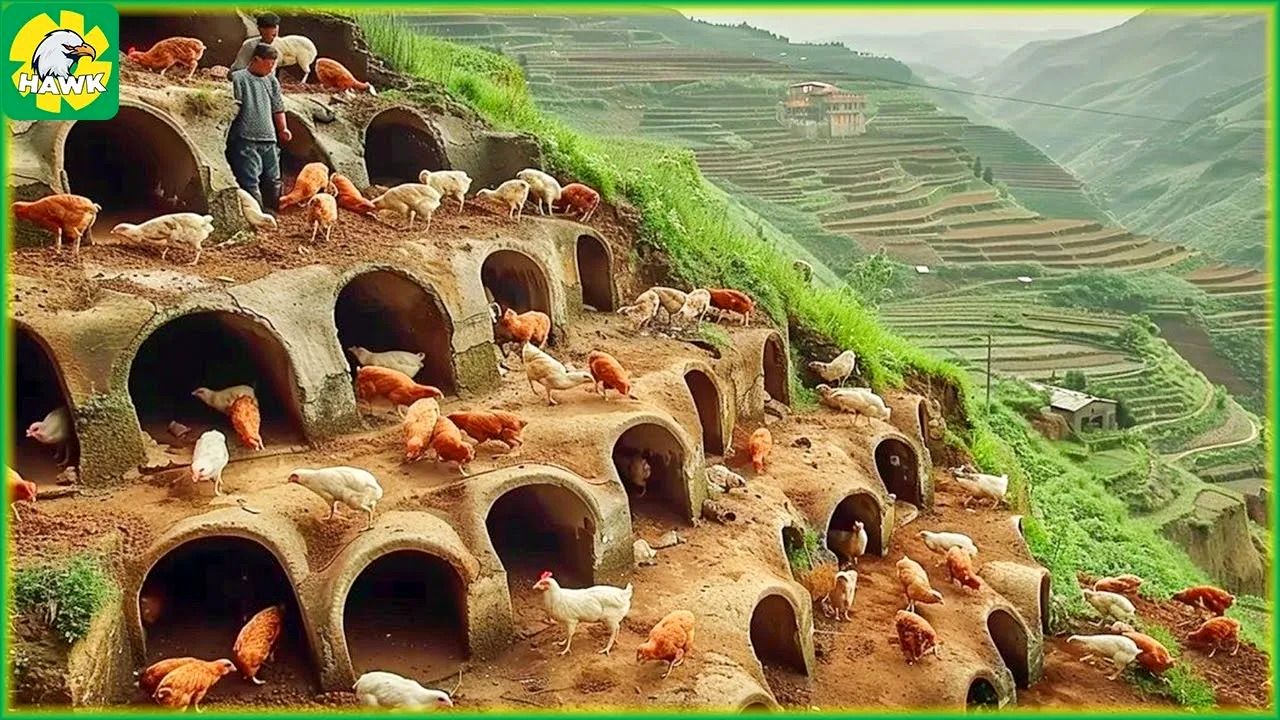 (ویدئو) ببینید چگونه چینی ها هزاران مرغ و خروس محلی را در دخمه های کوهی پرورش می دهند