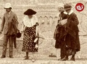 عکس| سفر به ایران قدیم؛ زنان و مردان اروپایی در کنار نقش‌برجسته «چشمه‌علی شهرری» در دوران قاجار