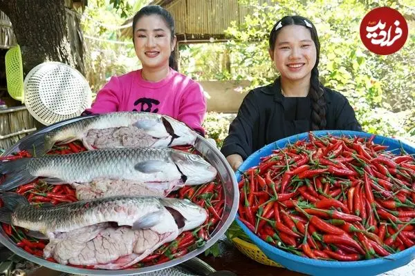 ببینید| غذای روستایی در کامبوج؛ پخت یک غذای سنتی با ماهی بزرگ و فلفل قرمز در تابه