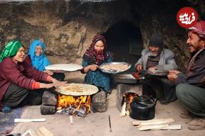 ببینید؛ غذای روستایی در افغانستان؛ پخت چپلی کباب در غار با مهمانان ها