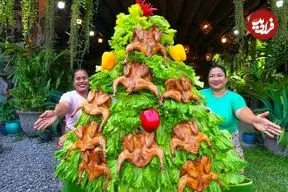 ببینید| غذای روستایی در سنگاپور؛ ساخت درخت کریسمس با مرغ کبابی و کاهو