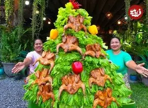 ببینید| غذای روستایی در سنگاپور؛ ساخت درخت کریسمس با مرغ کبابی و کاهو