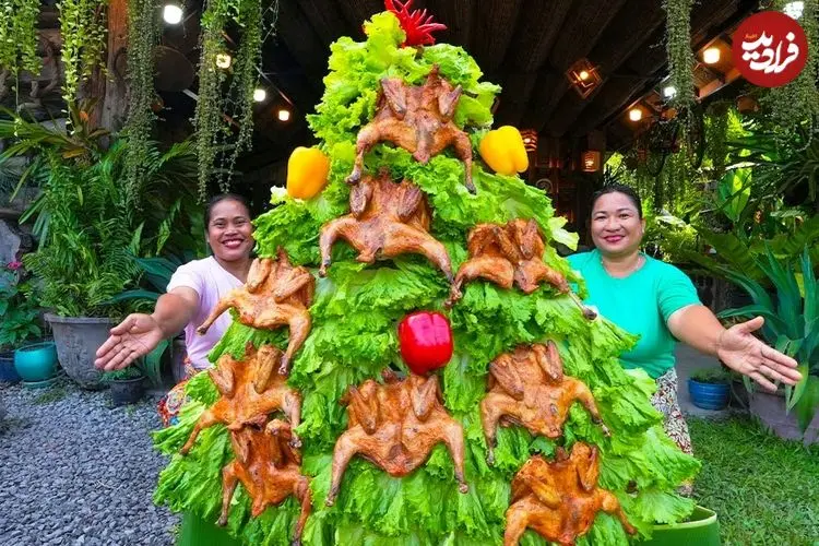 ببینید| غذای روستایی در سنگاپور؛ ساخت درخت کریسمس با مرغ کبابی و کاهو
