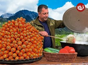 ببینید| غذای روستایی در آذربایجان؛ پخت کابلی پلو با گوشت بره و هویج در طبیعت روستا