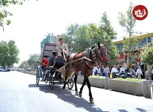 عکس| سفر زمان؛ یک مادر به همراه دو دخترش سوار بر درشکه در خیابان های تهران؛ دهه 30