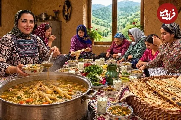 ببینید| غذای روستایی در ایران؛ پخت سوپ پای مرغ و نان سنتی در روستایی زیبا