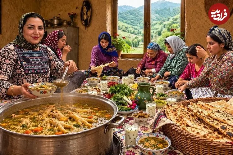 ببینید| غذای روستایی در ایران؛ پخت سوپ پای مرغ و نان سنتی در روستایی زیبا