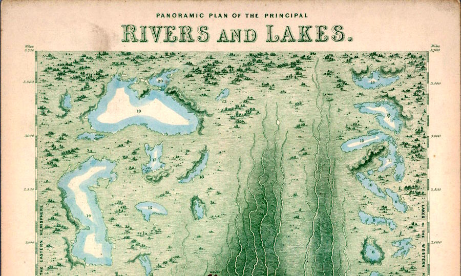 اینفوگرافیک قدیمی از طولانی ترین رودخانه ها و بزرگترین دریاچه های جهان در سال ۱۸۵۰
