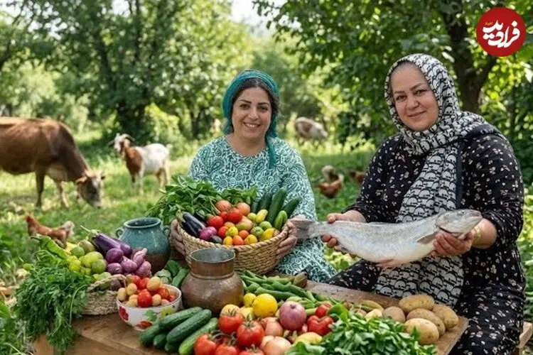ببینید| غذای روستایی در ایران؛ کباب کردن ماهی قزل آلا روی آتش و پخت کیک با گلابی تازه