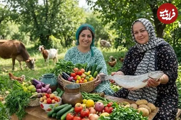ببینید| غذای روستایی در ایران؛ کباب کردن ماهی قزل آلا روی آتش و پخت کیک با گلابی تازه