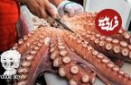ببینید| غذای خیابانی در کره؛ برش و پخت غذا با اختاپوس بزرگ 17 کیلوگرمی در سئول