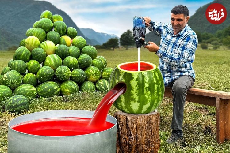 ببینید؛ غذای روستایی در آذربایجان؛ تهیه آب هندوانه در طبیعت
