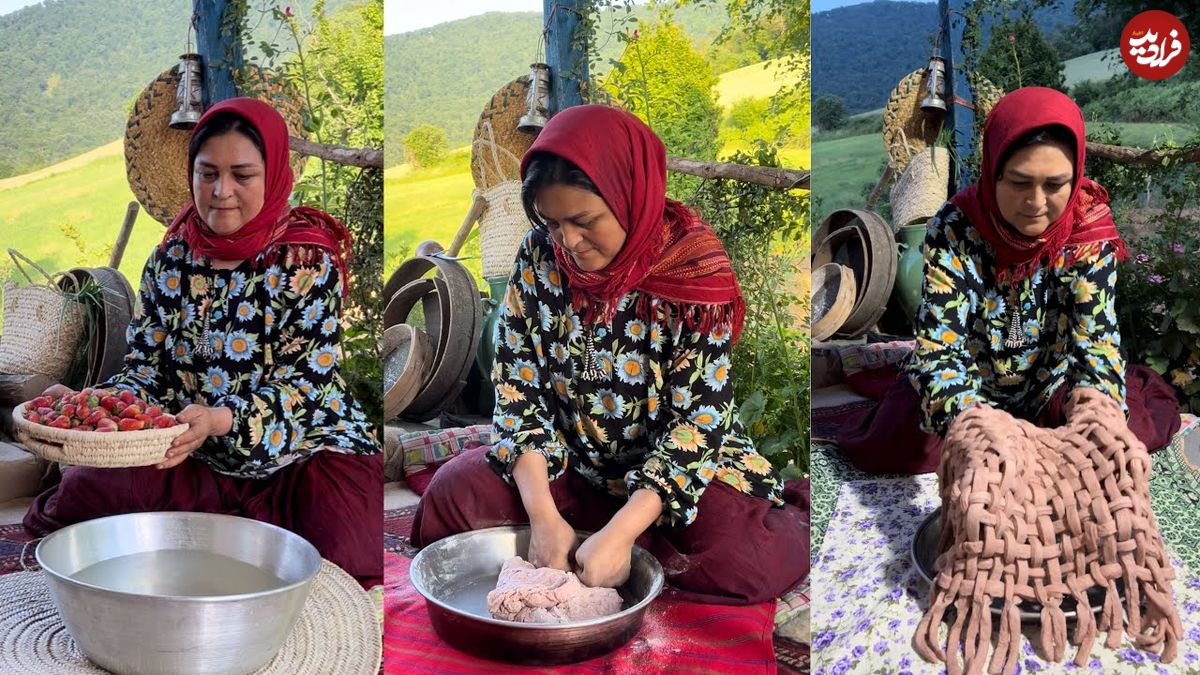 ببینید؛ غذای روستایی در ایران؛ چیدن توت فرنگی و تهیه نان سنتی با آن ها